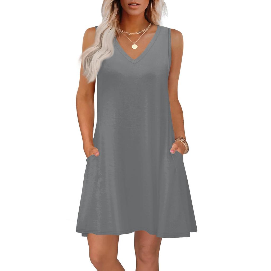 Women's Summer Dresses Loose Fit Solid Color V Neck Sleeveless Sundresses Beach Hawaiian Dress With Pockets