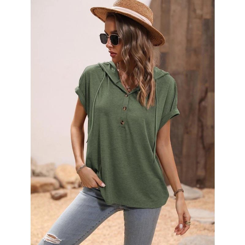 Summer Short Sleeved Hooded Women T-shirt New Loose Buttons Casual Simple T Shirt Female Plus Size Tops Women's Clothing 3267