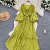Retro V-Ne Belted Waist Lantern Sve Dr Knee-Length A-Line Midi Dresses Korean Sle Summer Long Dress for Women