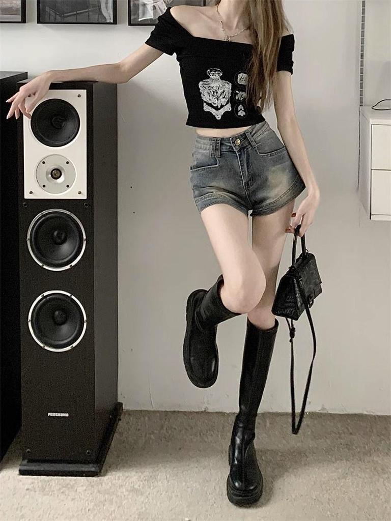 American Retro High Waist A-line Denim Shorts for Women - Summer Style, Elastic Fit, Super Short Hot Pants