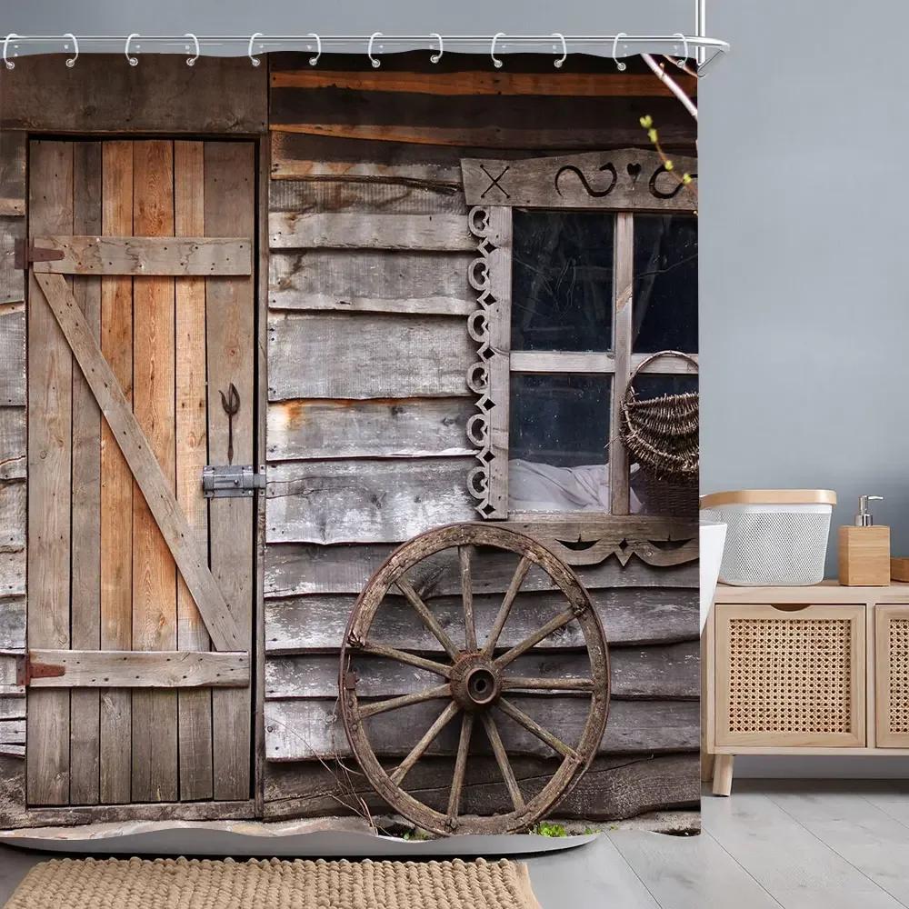 Retro Rustikale Holztüren Duschvorhänge Vintage Bauernhaus Scheune Alte Tür Heimdeko Wasserdichtes Polyester Badezimmer Vorhang Set