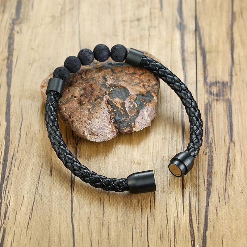 Titanium Steel Man Chakra Jewelry Wholesale Stainless Steel Men's Black Leather Volcanic Beaded Braclets Stone Leather Bracelets