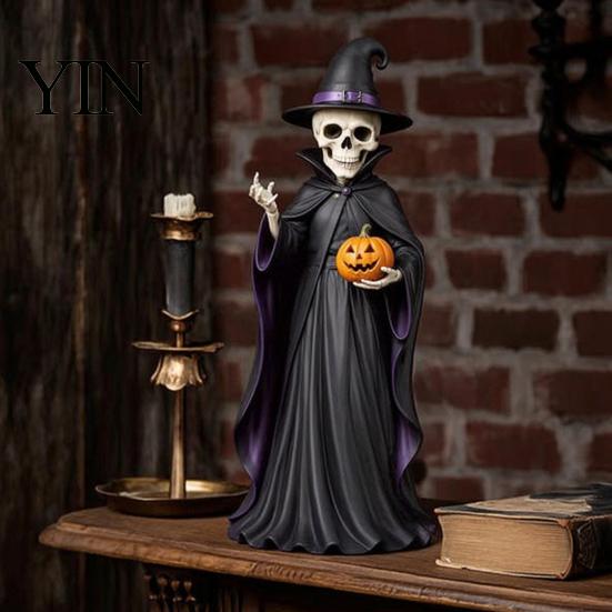 Wooden Wizard Doll Vintage Halloween Figurine, Rustic Witch Zombie Cat Owl Frog Tabletop Table Decor Ornament, Farmhouse Tiered Tray Decoration
