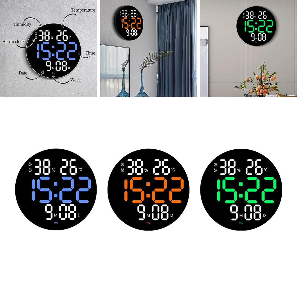 Multifunctional Wall Clock Round Remote Control Time Week Date Temperature Humidity Display for Home Dining Room