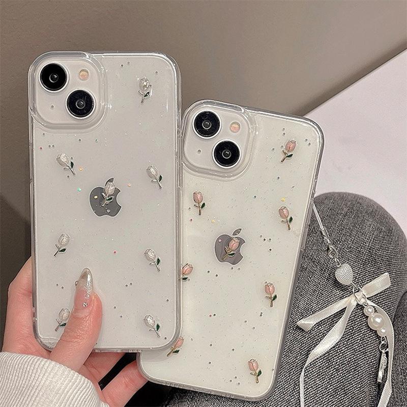 Flash Pink Ins Wind Phone Case for IPhone 16 Promax Tulip Flowers for Apple 17 Transparent Small Fresh