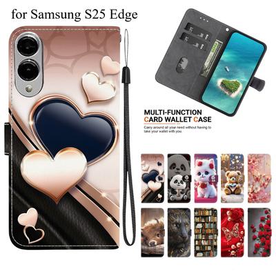 Handmade PU Leather Flip Case for Samsung Galaxy S25 Edge- Anti-Slip Shockproof Cover with Wrist Strap & Heart/Rose Cat Designs