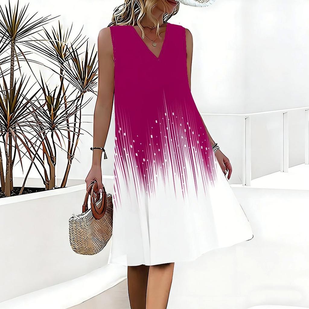 Plus Size V Neck Sleeveless Dress Green Valley Waterfall Painting Print For Country Hiking Journey
