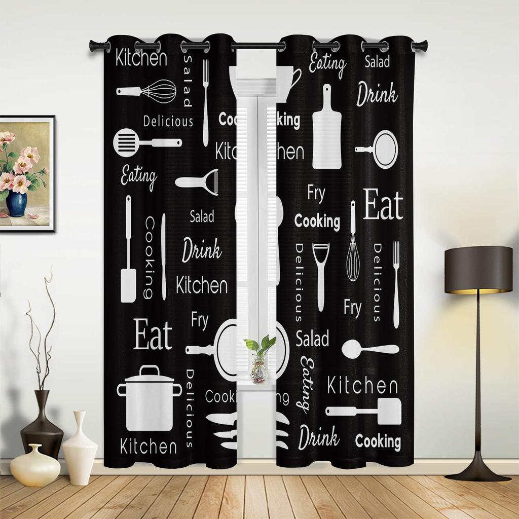 Küchenutensilien Karomuster Schwarz Weiß Vorhänge für Schlafzimmer Wohnzimmer Vorhänge Küche Kinderzimmer Fenstergardine Moderne Heimdekoration