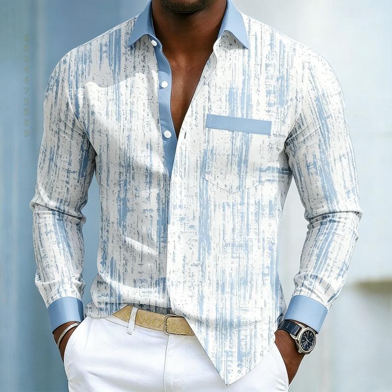 Men's High-quality Long Sleeved Shirt with White and Blue Contrasting Colors, Trendy Business Casual Long Sleeved Slim Fit Shirt