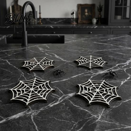 Decorative Mats for Party Halloween Spider Web Wooden Coaster Anti-Slip Wood Cup Mat with Figurine Natural Pine Coasters Thermal Insulated
