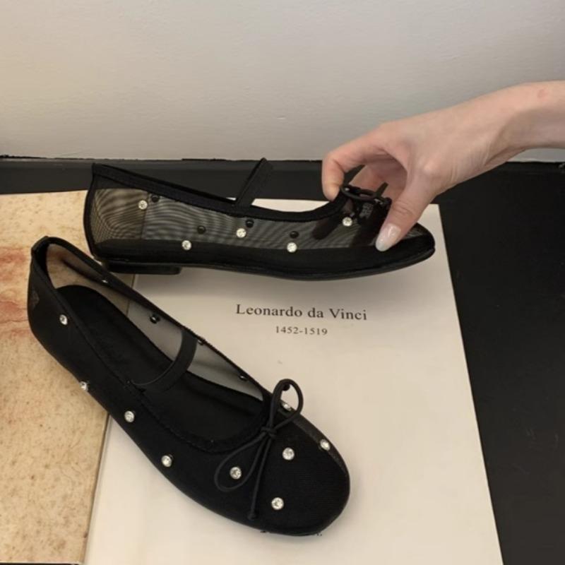 Fashion Spring New Flat Shoes for Girls Fashion Round Head Shallow Mouth Butterfly Knot Mesh Breathable Soft Sole Non-slip Single Shoes