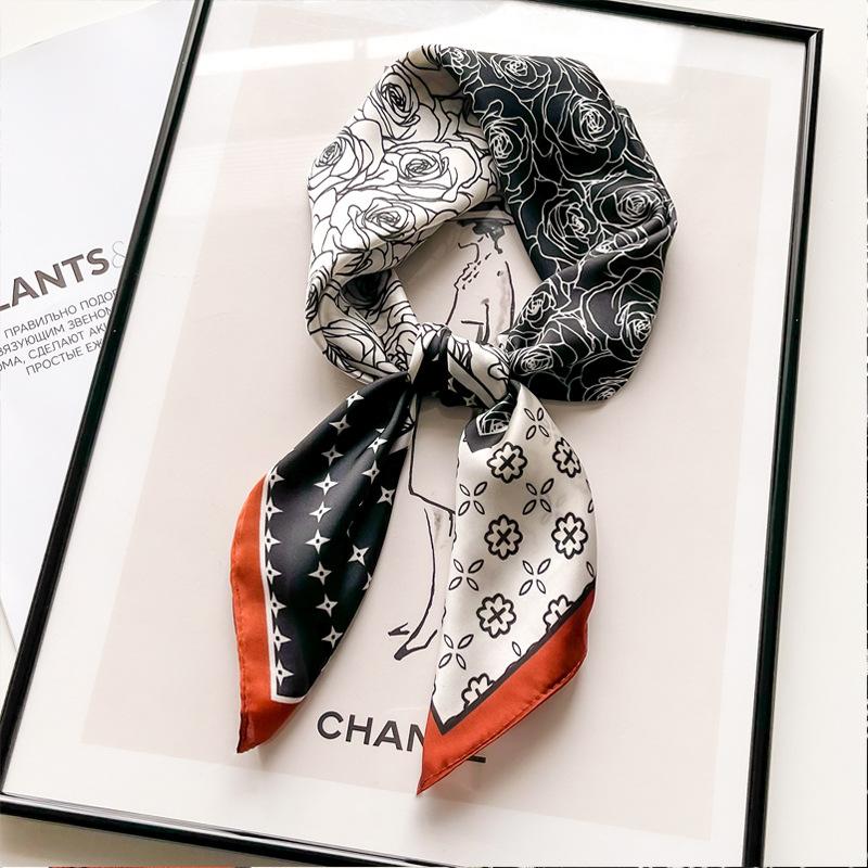 Rose Flower Print Square Scarf for Women Satin Fashion Wraps Neckerchief Female Hair Bands Headband Bandana 70X70CM