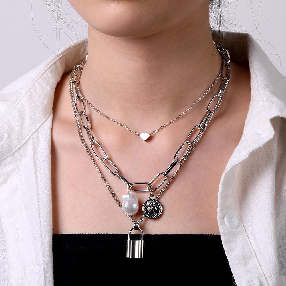 Multi-layer Necklace Female, Creative Retro Simple Octagram Lock Pendant Thick Chain Necklace