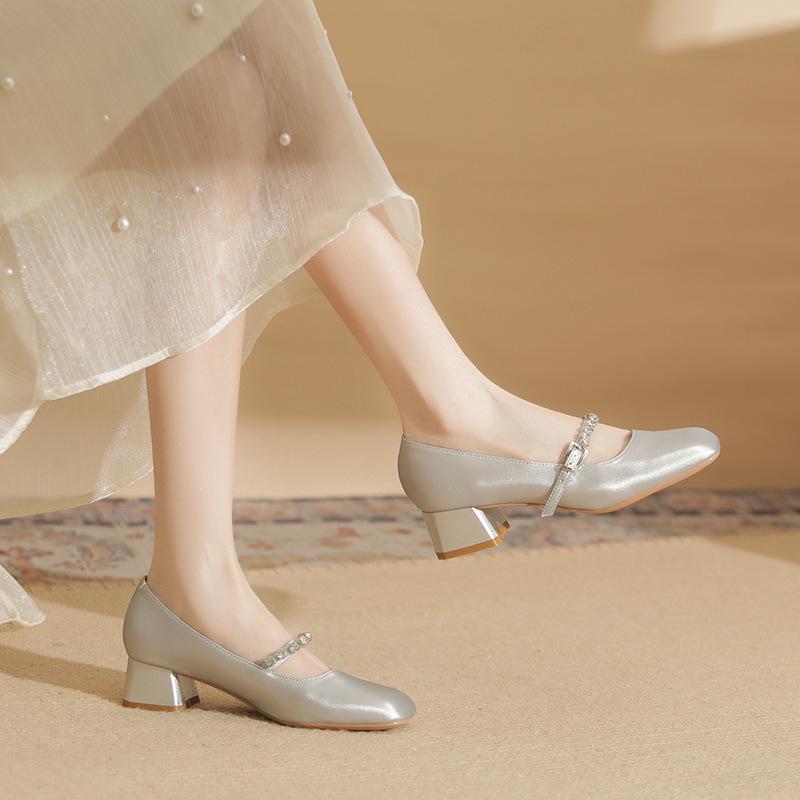 57706 [sheepskin] high heels women's thick heel 2025 new square head rhinestone one-word buckle Mary Jane single shoes