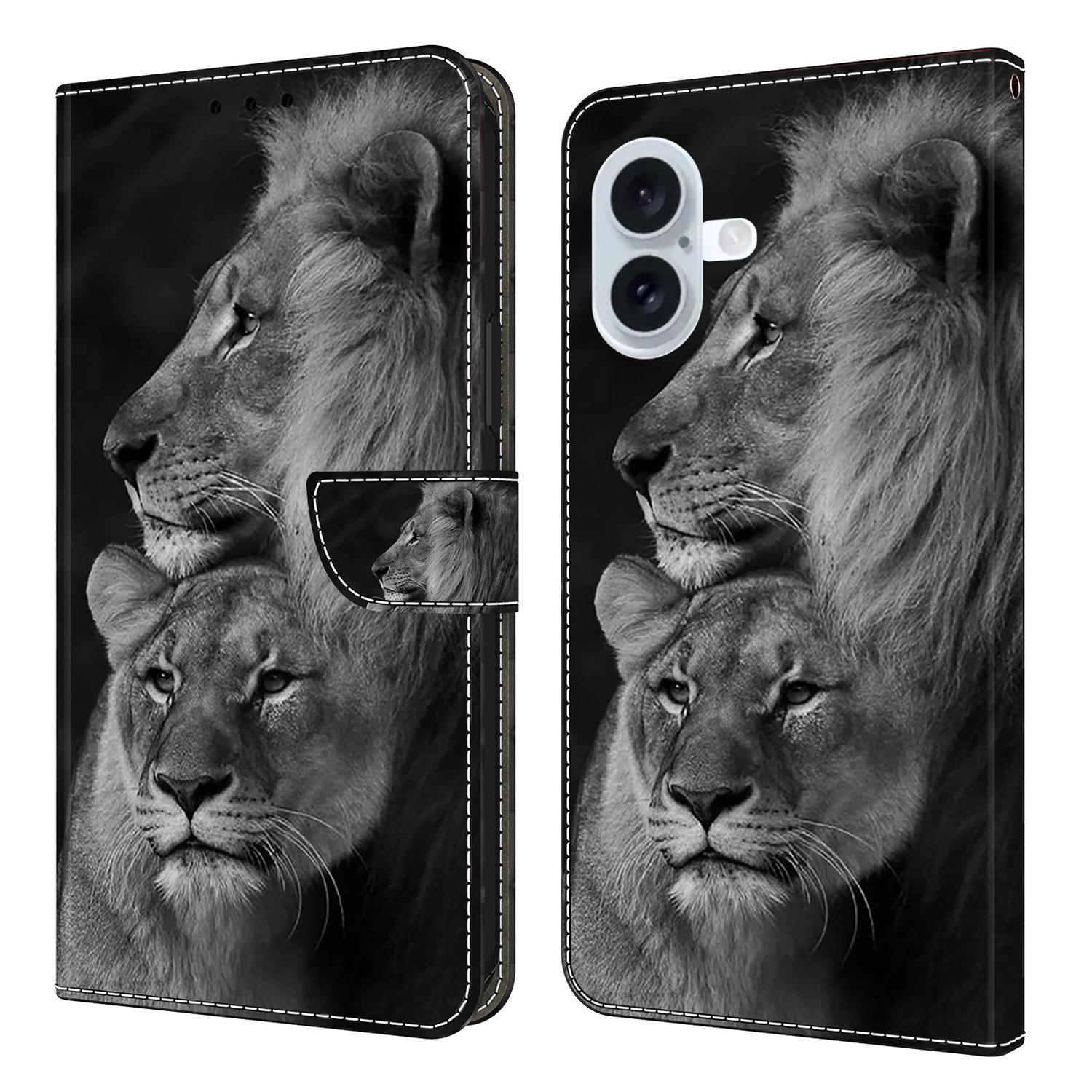 

For iPhone 17 Case Magnetic Clasp 3D Pattern Leather Wallet Phone Cover Couple Lions