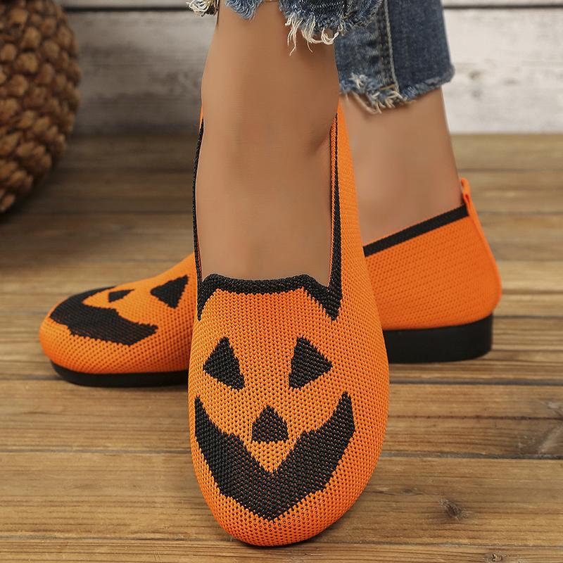 Fashion Pumpkin Printed Breathable Woman Flats Shoes Comfort Knit Slip On Walking Shoes for Women Lightweight Soft Sole Casual Loafers