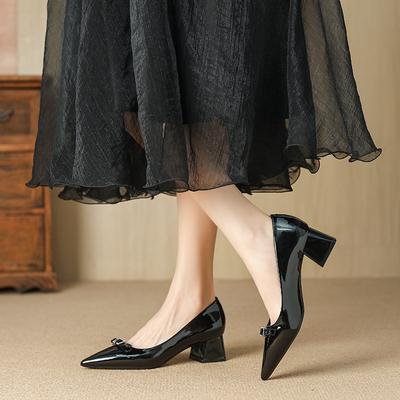 G420-7 French Pointed Head 2025 Autumn New Thick Heel Rhinestone Paint Surface Fashion Korean Version Temperament Commuter Shoes Women