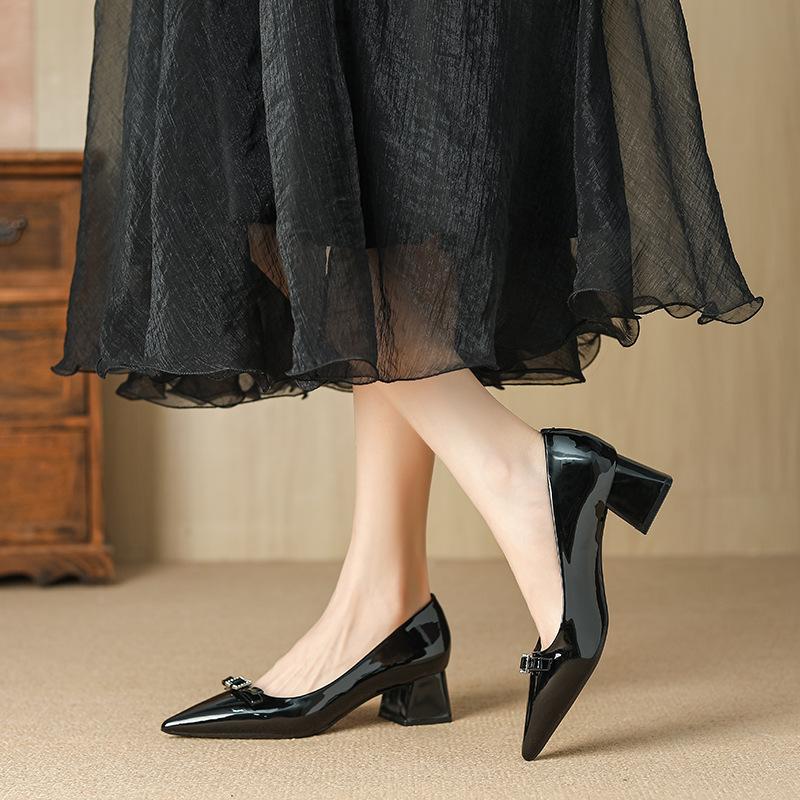 G420-7 French Pointed Head 2025 Autumn New Thick Heel Rhinestone Paint Surface Fashion Korean Version Temperament Commuter Shoes Women