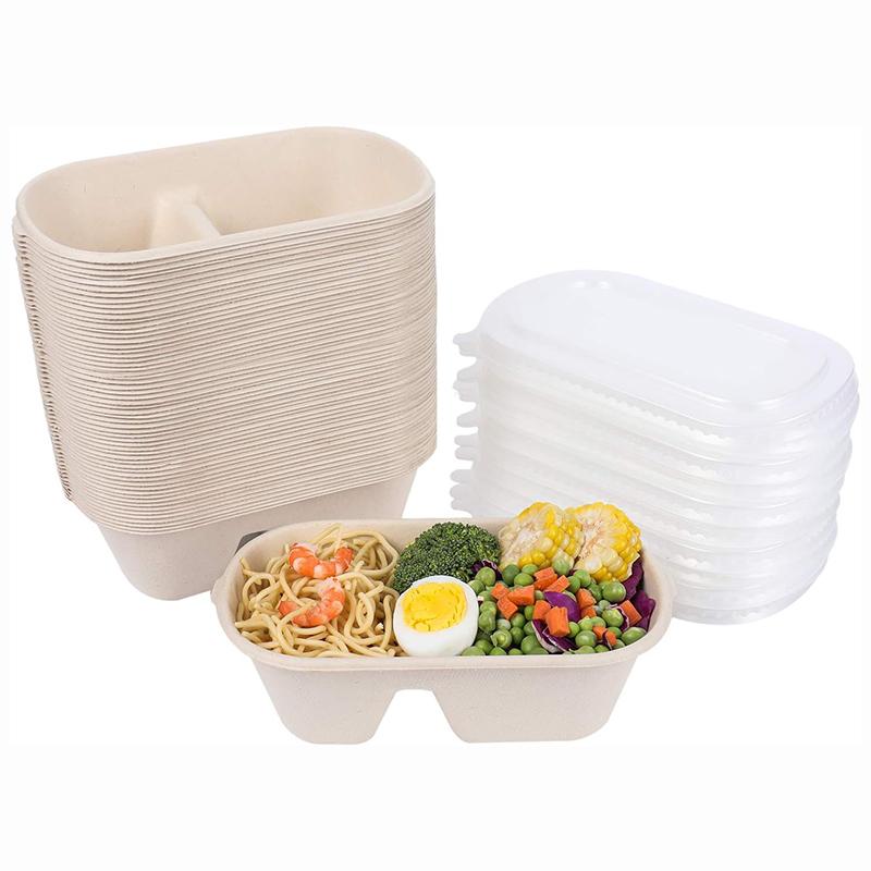 20/50Pcs Disposable Bowls with Lids, 2 Compartment Sugarcane Fiber Food Container, 850ML Takeout Deli Container