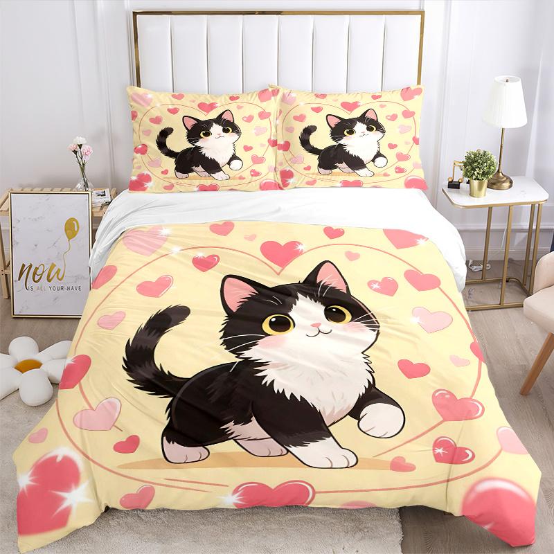 3er Set Bettbezug mit Love Cat Design Aufdruck (1 * Kissenbezug + 2 * Kissenhüllen, ohne Füllung), Geeignet für Heimschlafzimmer, Gästezimmer, Wohnheim Dekoration