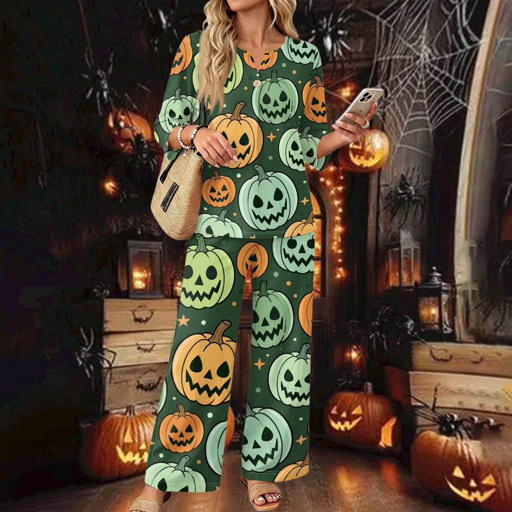 Women's Casual 2 Piece Outfit Color Button Front Top 3/4 Sleeve and Wide Leg Pants Set for Daily Wear