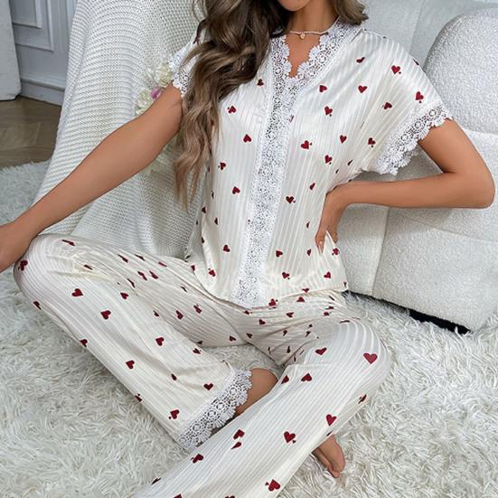 Women's Cherry Print Pajama Set Short Sleeve Button Front Top Long Pants
