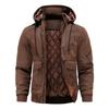 Men's Multi Pocket Hooded Thick Leather Jacket Loose Solid Coats