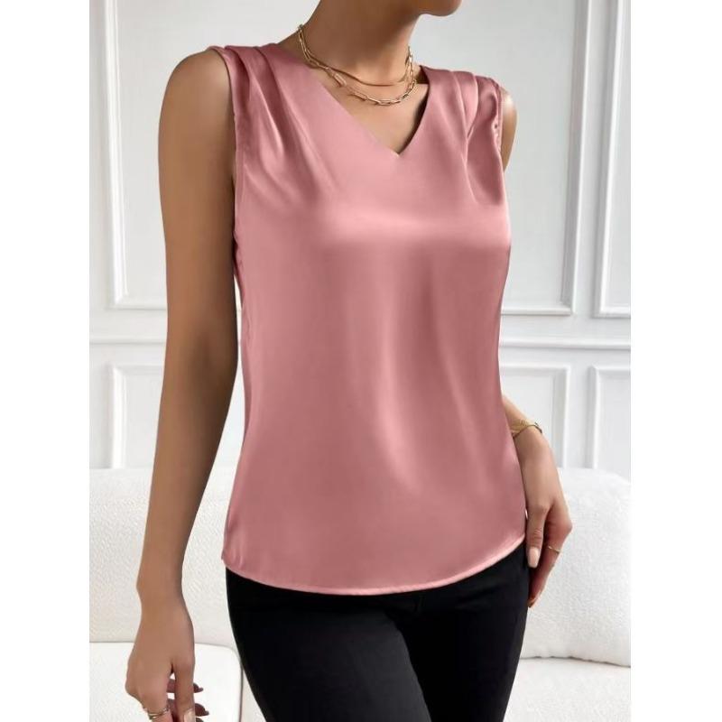 

Summer Sleeveless Loose Satin Women Blouse Commuter Vest Elegant Fashion V Neck Bottoming Top Solid Color Office Casual Simple Shirts Sweet Clothing XL рожевий