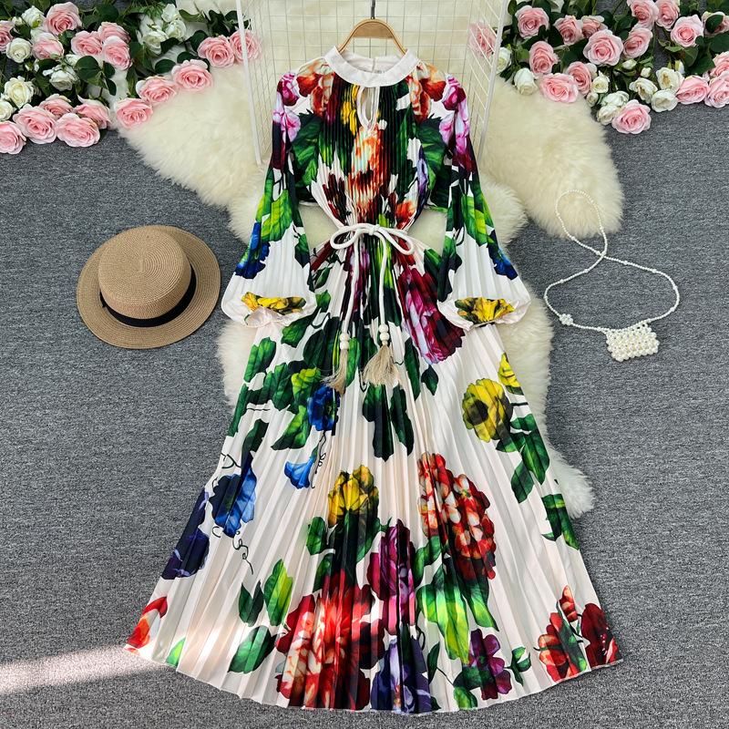 

YYFS Женская мода весна осень цветочный узор принт длинный рукав О-образный вырез высокая талия повседневные платья One size