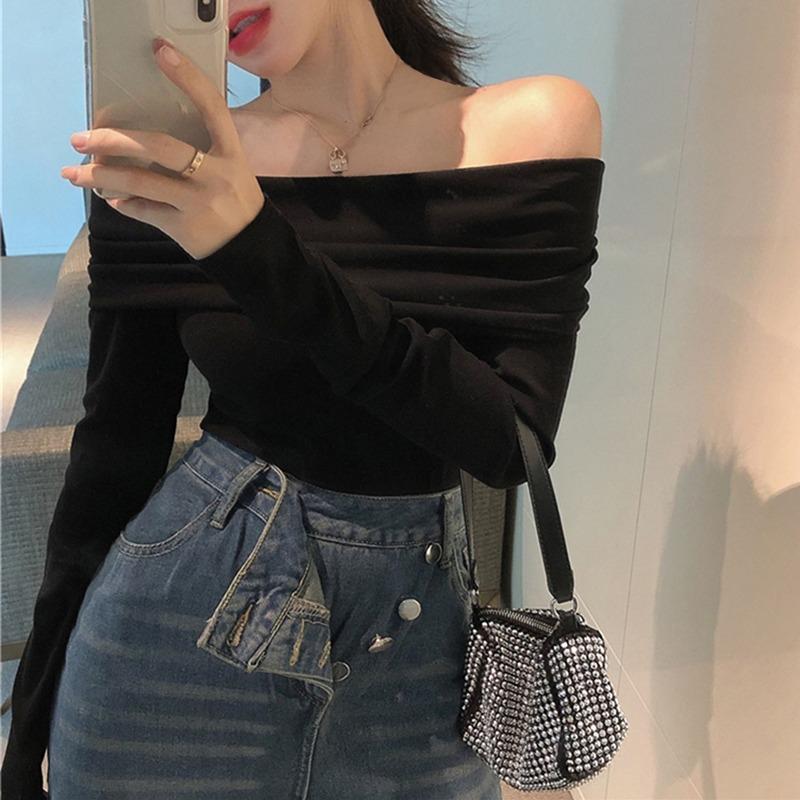 Temperament de primăvară Femei Decolteu oblic Cămăși sexy Elegante Mânecă lungă Umeri goi Bluze tricotate Femei Casual Stradă Solidă Modă Croială slim Topuri 25998