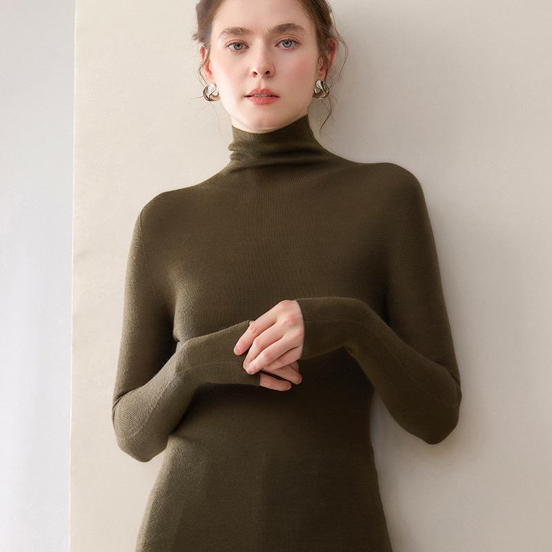 Damen Schlank Geschnitten Hoher Kragen Nahtlos Gestrickter Wollpullover - Langarm Basisschicht für Herbst und Winter