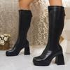 Fashion Autumn Knee-Free Boots Women's Square Toe Block Heel High Heel Platform Anti-Slip Wear-Resistant Tall Skinny Boots