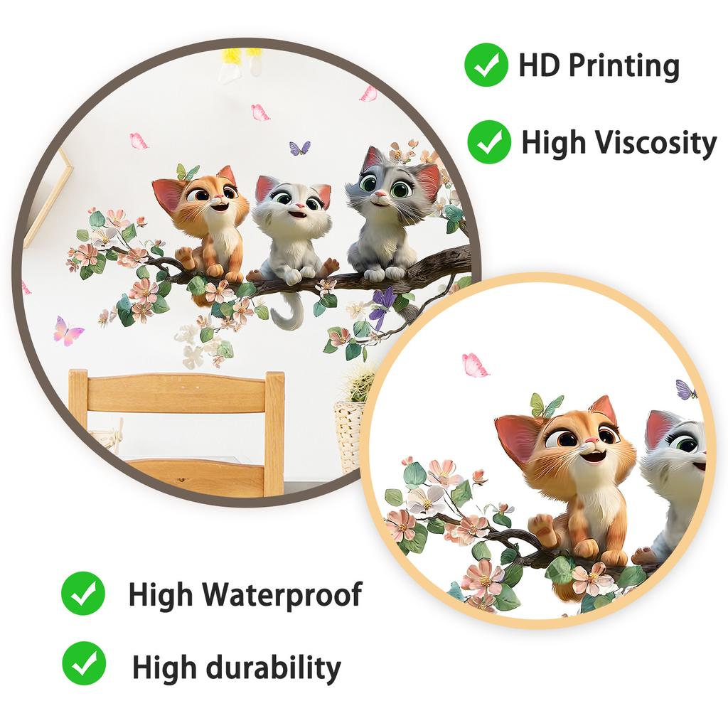 Cute Calico Cat with Flower Branches Wall Sticker Modern Minimalist Living Room Study Room Bedroom Self-Adhesive Removable Home Decor Art