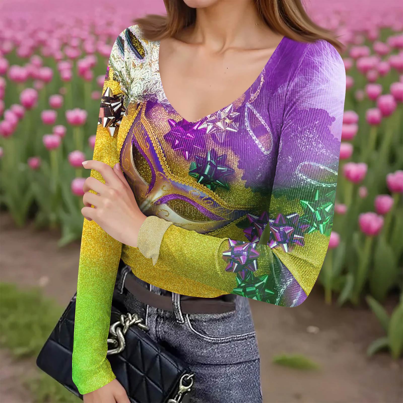 

Women s Winter Slim-Fit Base Layer T-Shirt Fashionable Print V-Neck Pullover Long-Sleeved Top XL