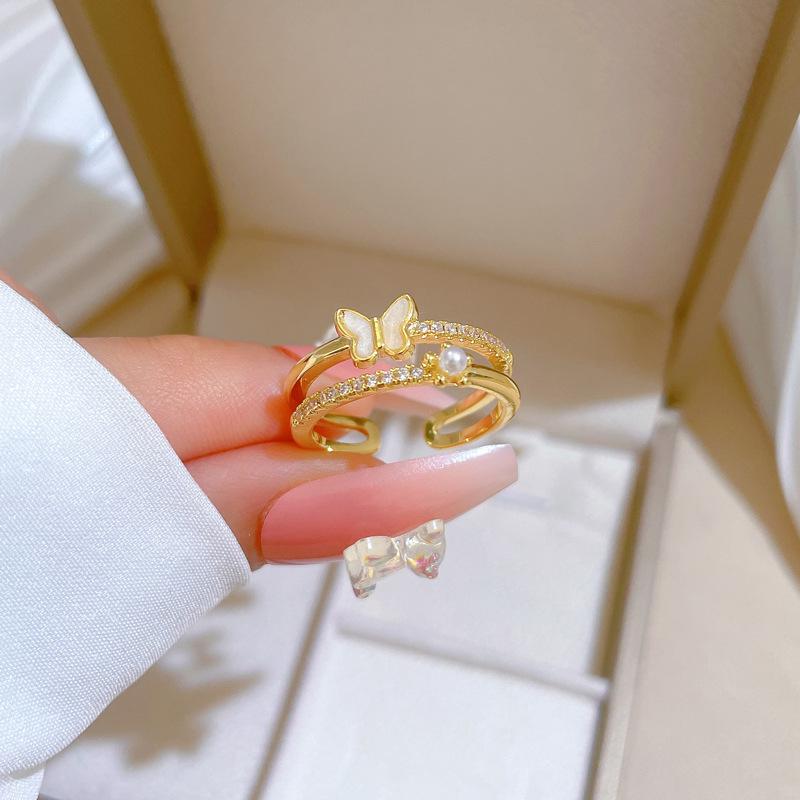 Real Gold Shell Butterfly Full Diamond Ring Opening Adjustable Simple Jewelry Japanese Ring Couple Ring