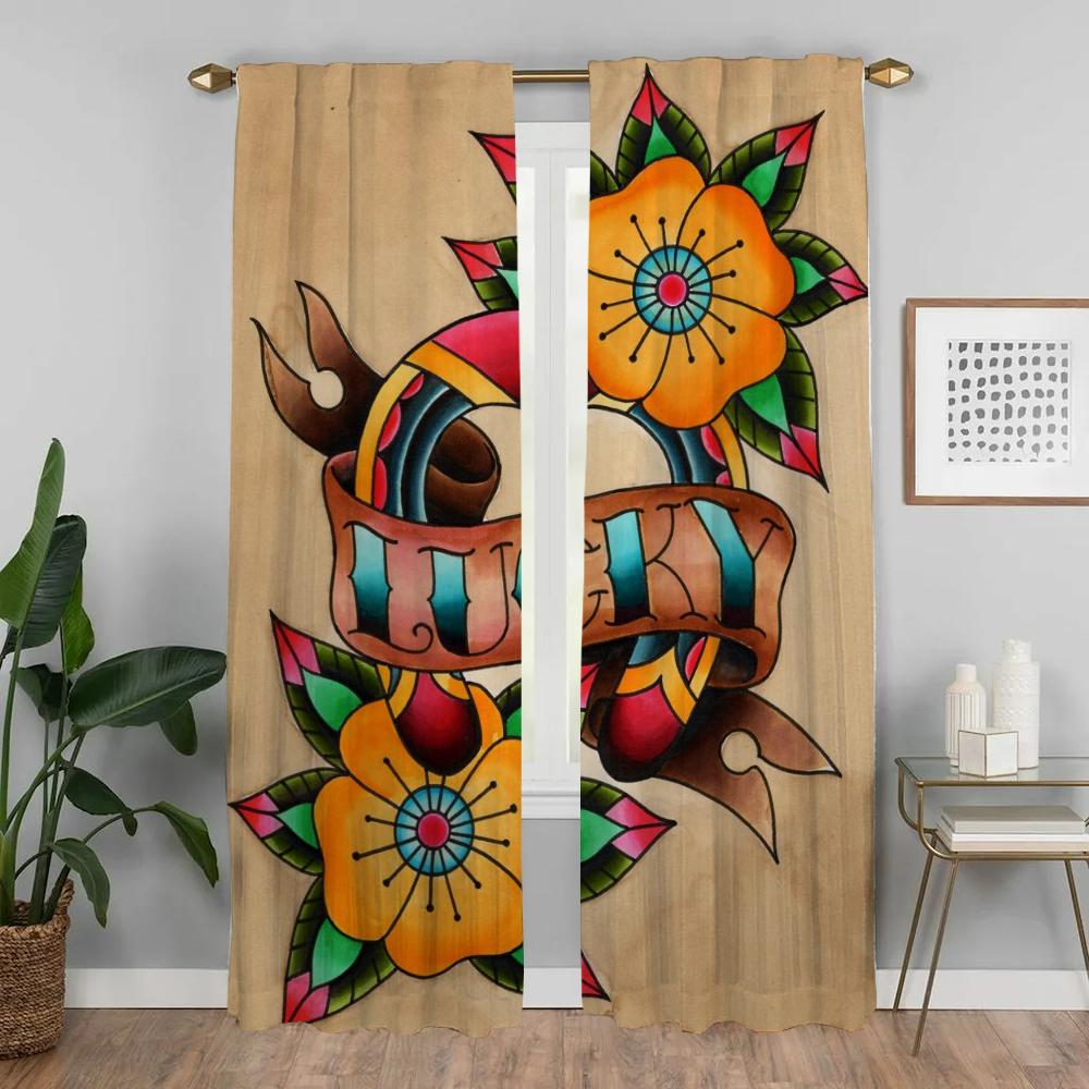 Set Of 2 Elegant New School Tattoo Curtains Camera Room Shades Tulle Bedroom Window Curtain Blinds Darkening Polyester Ideal For