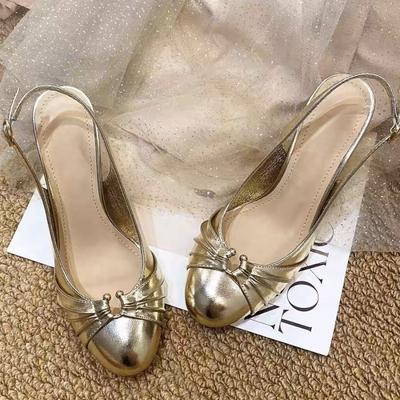 Fashion Gold Patent Leather High Heel Sandals Women Fashion Pleated Metal Decorative Pumps Elegant Slingback Thin Heel Dinner Dress Shoe