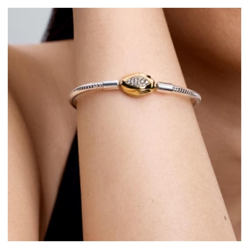 Pandora Snake head diamond design, synthetic cubic zirconia 925 silver alloy, gold-plated, silver, copper bracelet, women's silver/gold 563683C01