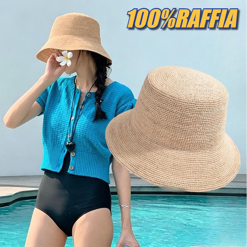 Yiran Dayang Hat Women's Summer Handmade Lafite Straw Hat Fashion Summer Sunshade Sunscreen Woven Bucket Hat Big Head Circumference Beach Hat Cm