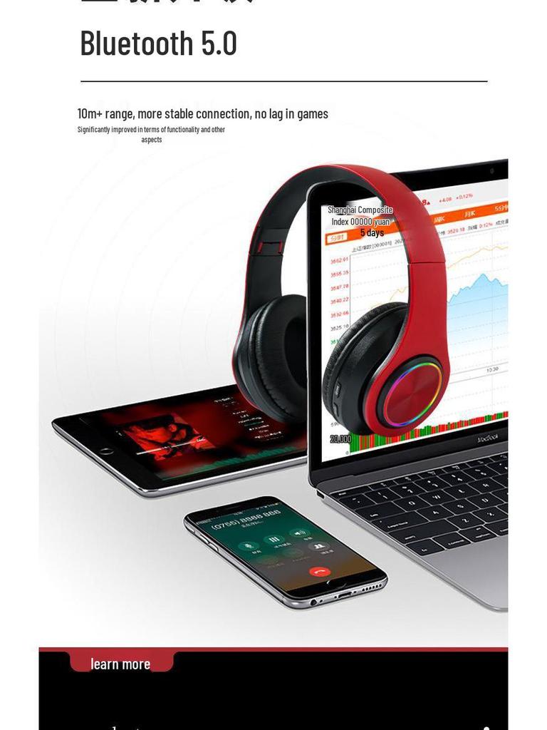 New B39 Luminous Wireless Bluetooth Headset: Foldable, Head-Mounted, Call-Ready, with Plug-in Card Feature