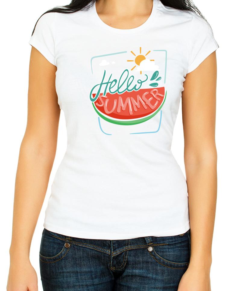 

Hello Summer Watermelon Logo White 3/4 Short Sleeve T Shirt Woman F425 S