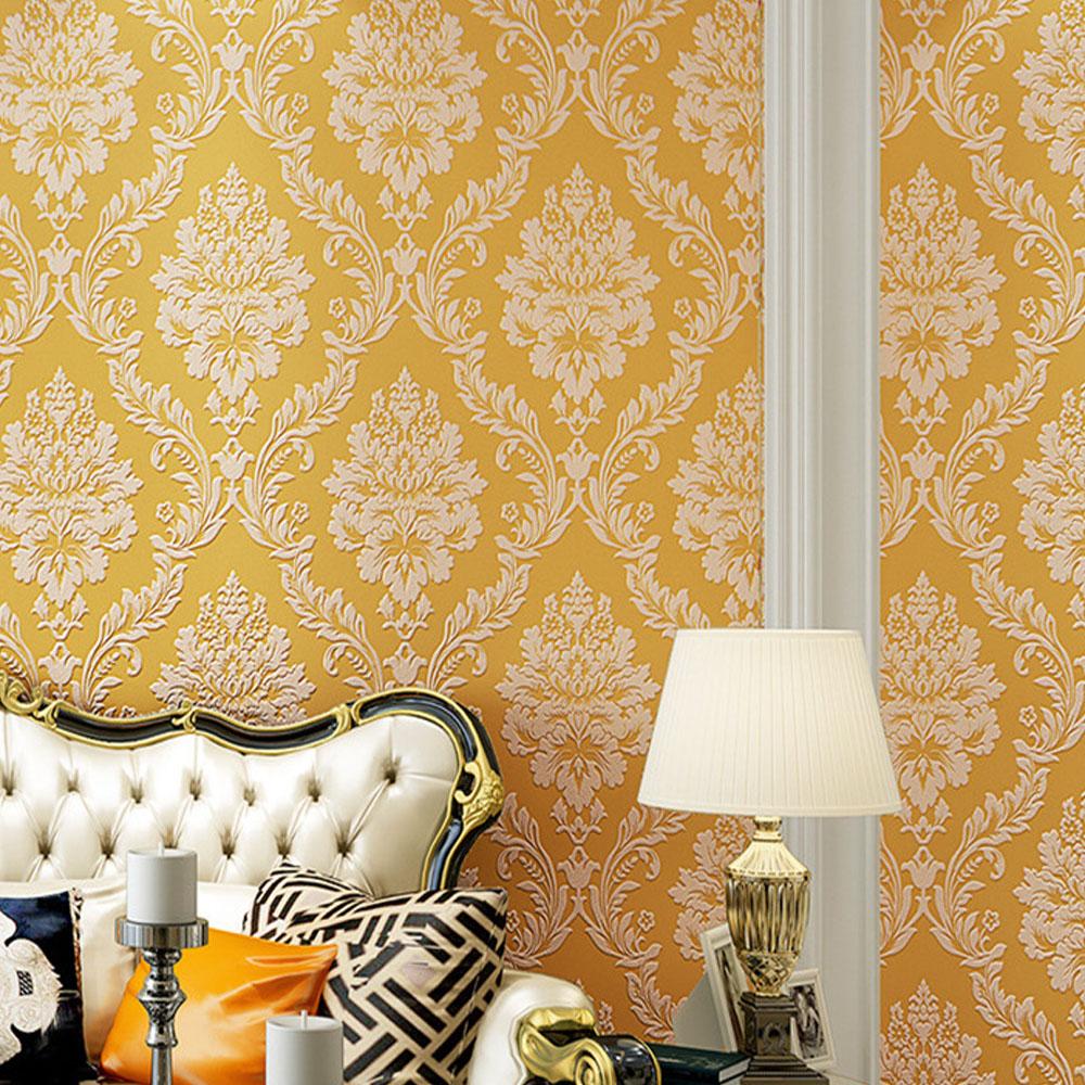 Tapet Premium Îngroșat Galben Non-Adeziv cu Design Exquis de Flori Europene - Bază Perlă Netesută pentru un Finisaj de Lux