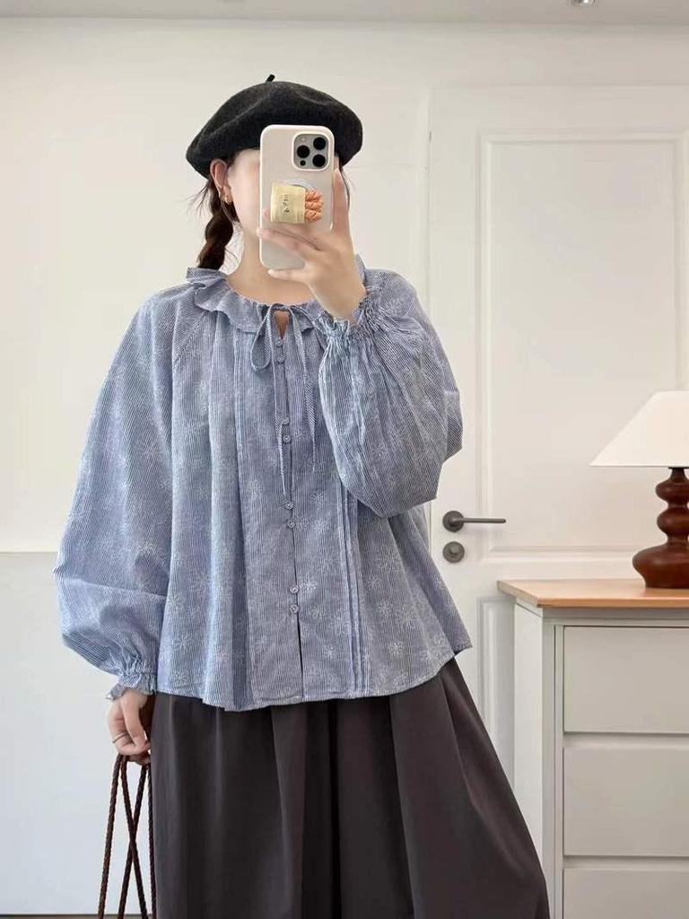 Spring 2026 Japanese Style Loose Wide Lapel Tie-Waist Pleated Women's Cardigan Shirt