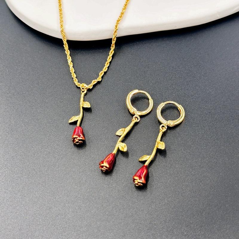 French Fashion Romantic Drop Glaze Rose Earrings Women'S Light Luxury Temperament Flower Necklace