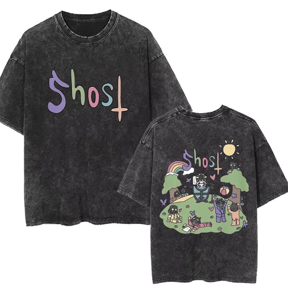 Washed Vintage Ghost Band T-shirt Men's Women's Summer Oversized Tshirt Male 90s Gothic Streetwear Men Women Rock Metal Music T Shirts