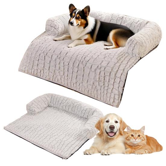 Dog Couch Bed Pet Calming Couch Plush Thermal Cat Bed with Anti-Slip Bottom Washable Removable Couch Protector Pet Bed for Sofa Bed Floor