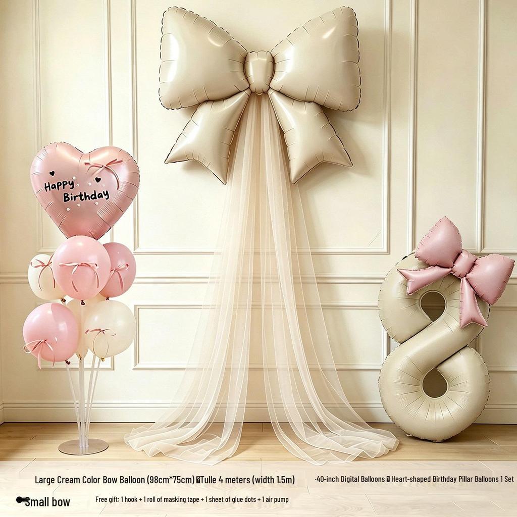 Girls' 5th & 6th Birthday Decor Set with Bow, Net Yarn, and Balloons for a Festive Photo Atmosphere