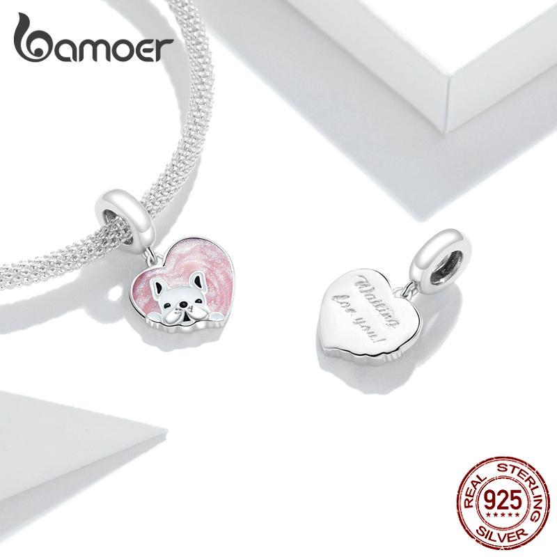 BAMOER 925 Sterling Silver Bead Cute Puppy Charm Pink Heart Shape Pendant Fit Origional Bracelet Jewelry Gift for Girl