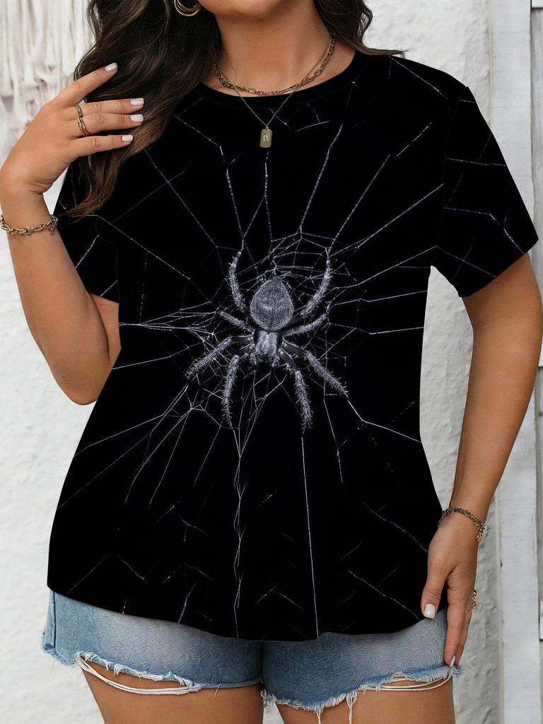 Women's Black Spiderweb Print T-Shirt - Gothic Short-Sleeve Top with Full Web. Casual Casual Attire. Machine Washable Suitable for Themed Outfits ; La
