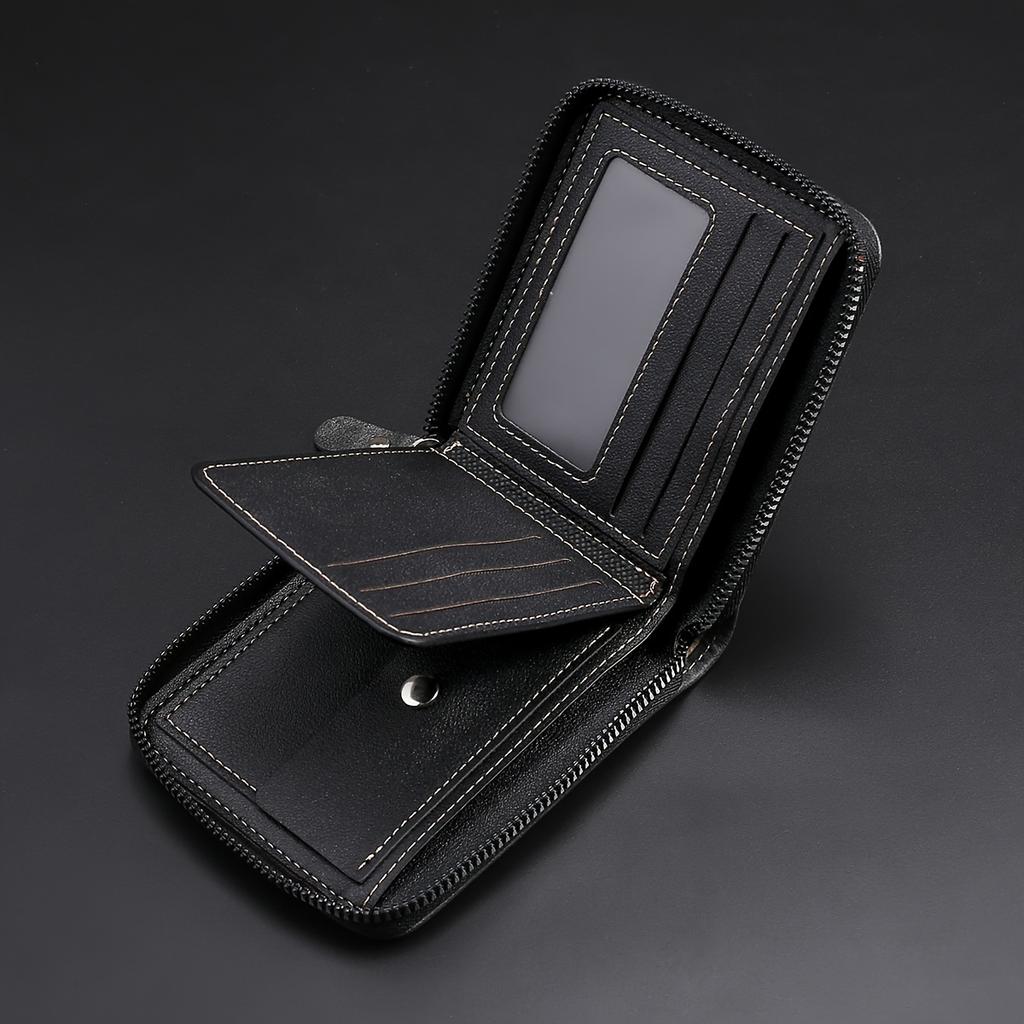Men's Faux Leather Wallet with Zipper - Sleek Black, Multi-Card Holder & Coin Pocket, Durable Folding Design - Ideal Gift for Men